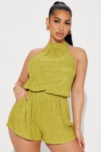 Weekend Mood Textured Romper - Chartreuse sold by Fashion Nova