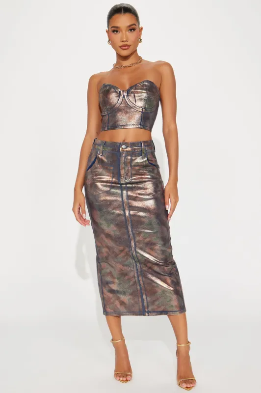 Hazel Metallic Denim Skirt Set - Dark Wash sold by Fashion Nova