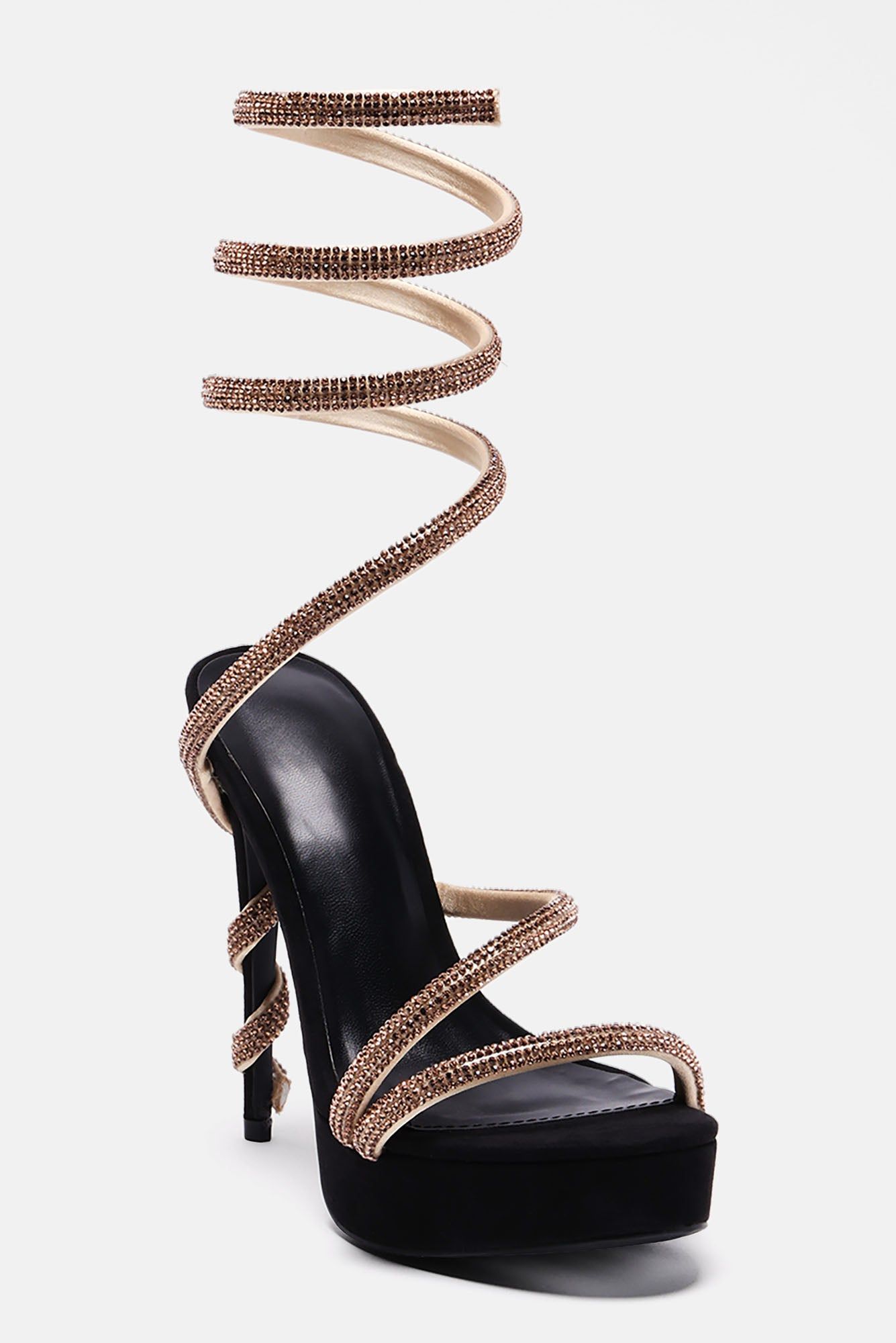 Chasing Me Embellished Wrap Up Heels - Black/Gold sold by Fashion Nova