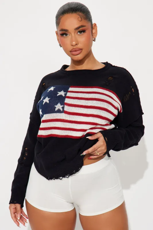 Proud Distressed Flag Sweater - Black/combo sold by Fashion Nova