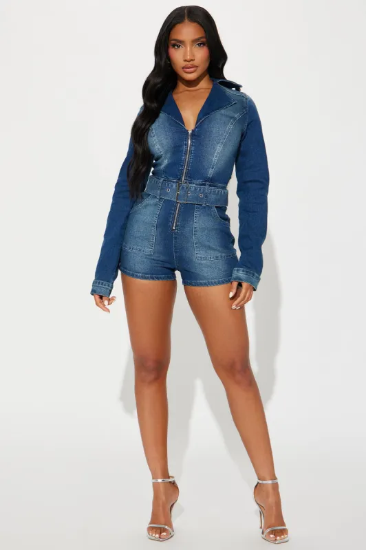 Feeling Fine Denim Romper - Dark Wash sold by Fashion Nova