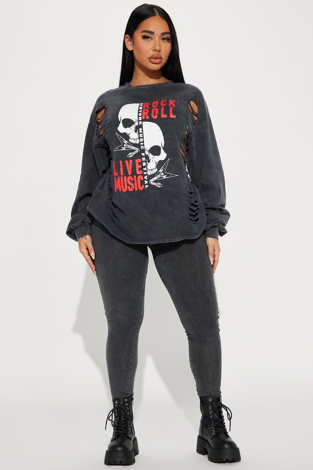 Time To Rock N' Roll Long Sleeve Legging Set - Charcoal sold by Fashion Nova