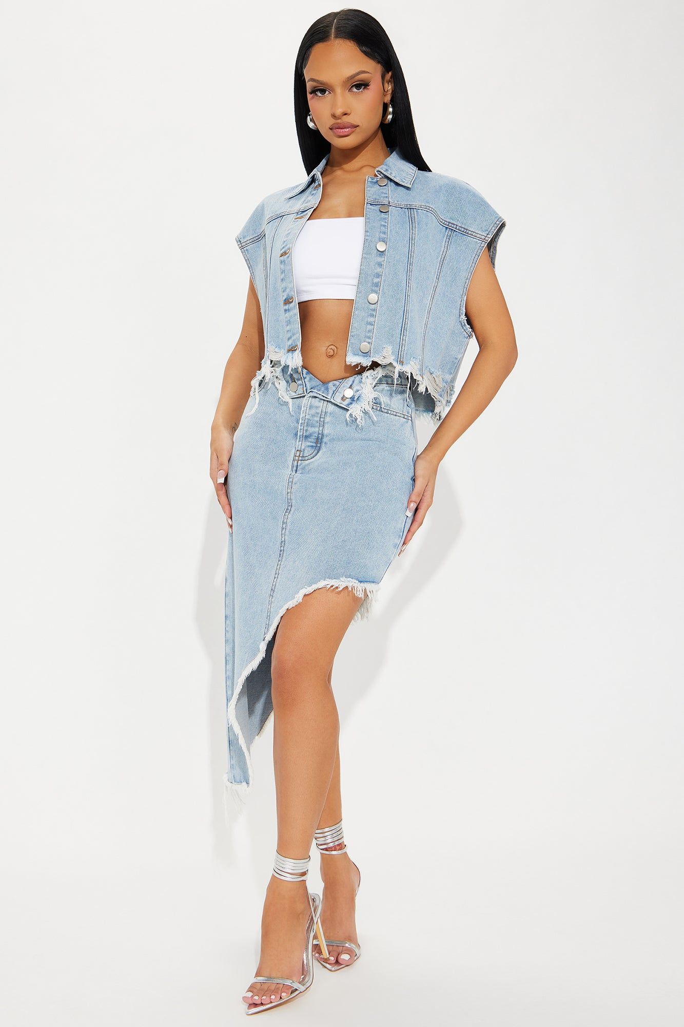 On Stage Denim Skirt Set - Light Wash sold by Fashion Nova