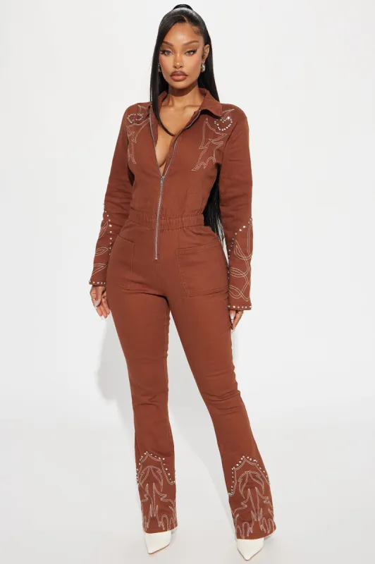Country Girl Denim Jumpsuit - Brown sold by Fashion Nova