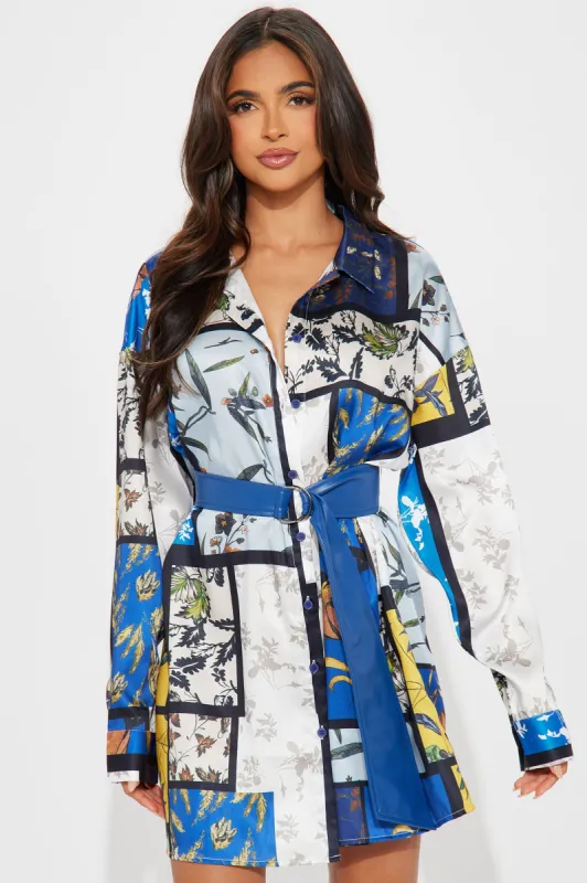 Shay Satin Mini Dress - Blue/combo sold by Fashion Nova