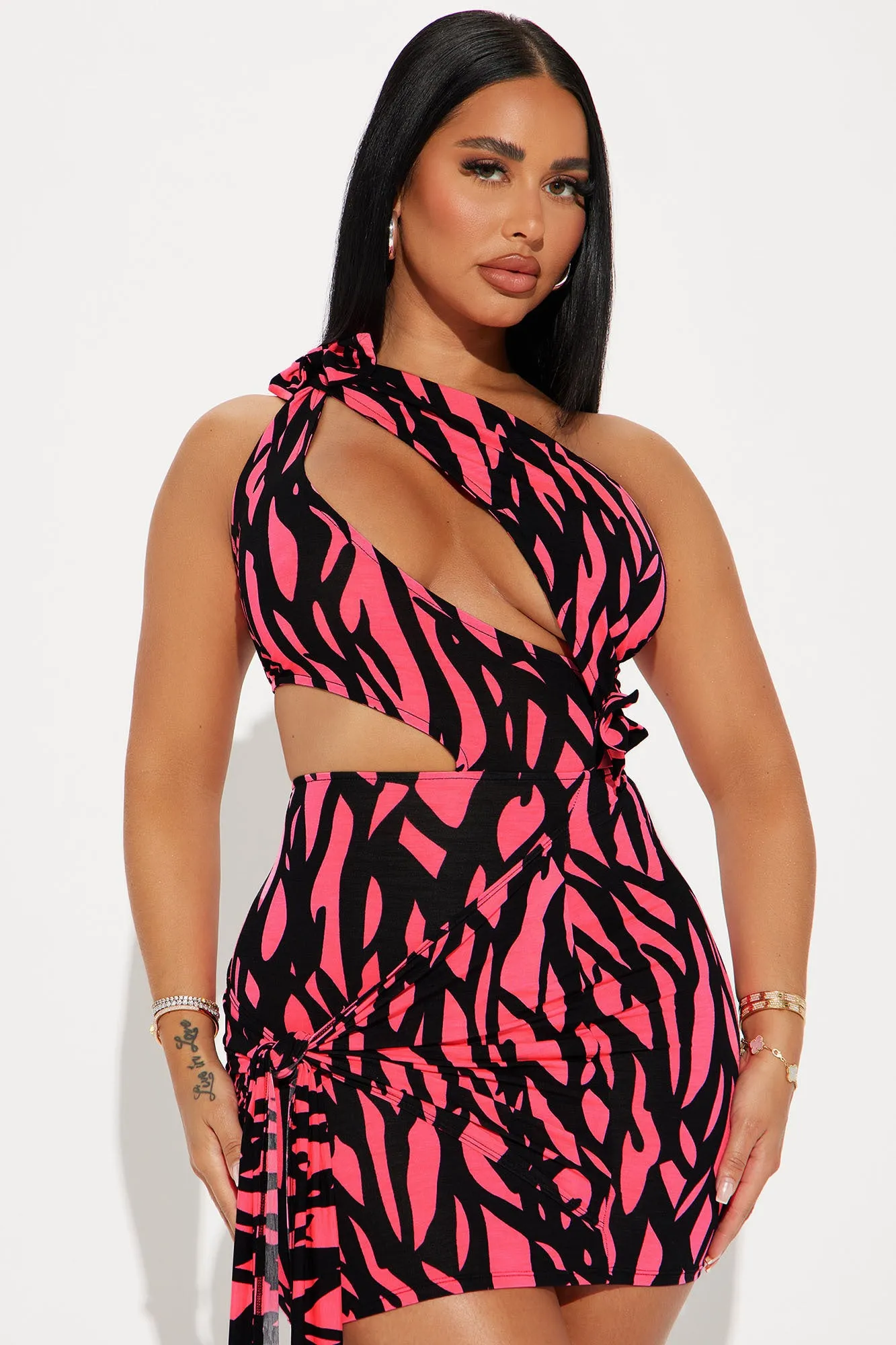 Bow Down One Shoulder Mini Dress - Pink/combo sold by Fashion Nova product image thumbnail 2