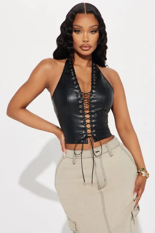Up To No Good Lace Up Top - Black sold by Fashion Nova