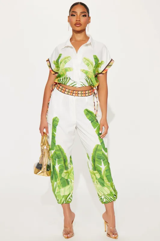 Tropical Oasis Satin Jogger Set - White/combo sold by Fashion Nova