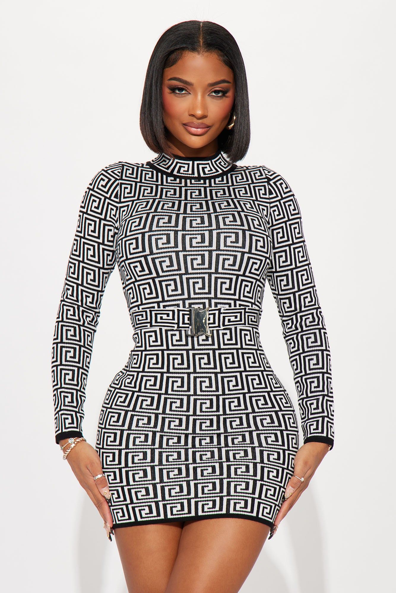 Patricia Sweater Mini Dress - Black/White sold by Fashion Nova