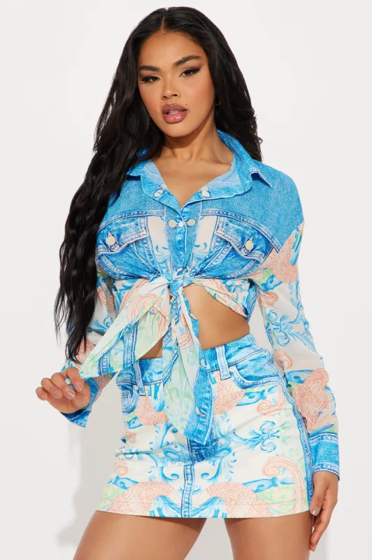 Bella Denim Print Skirt Set - Blue/combo sold by Fashion Nova