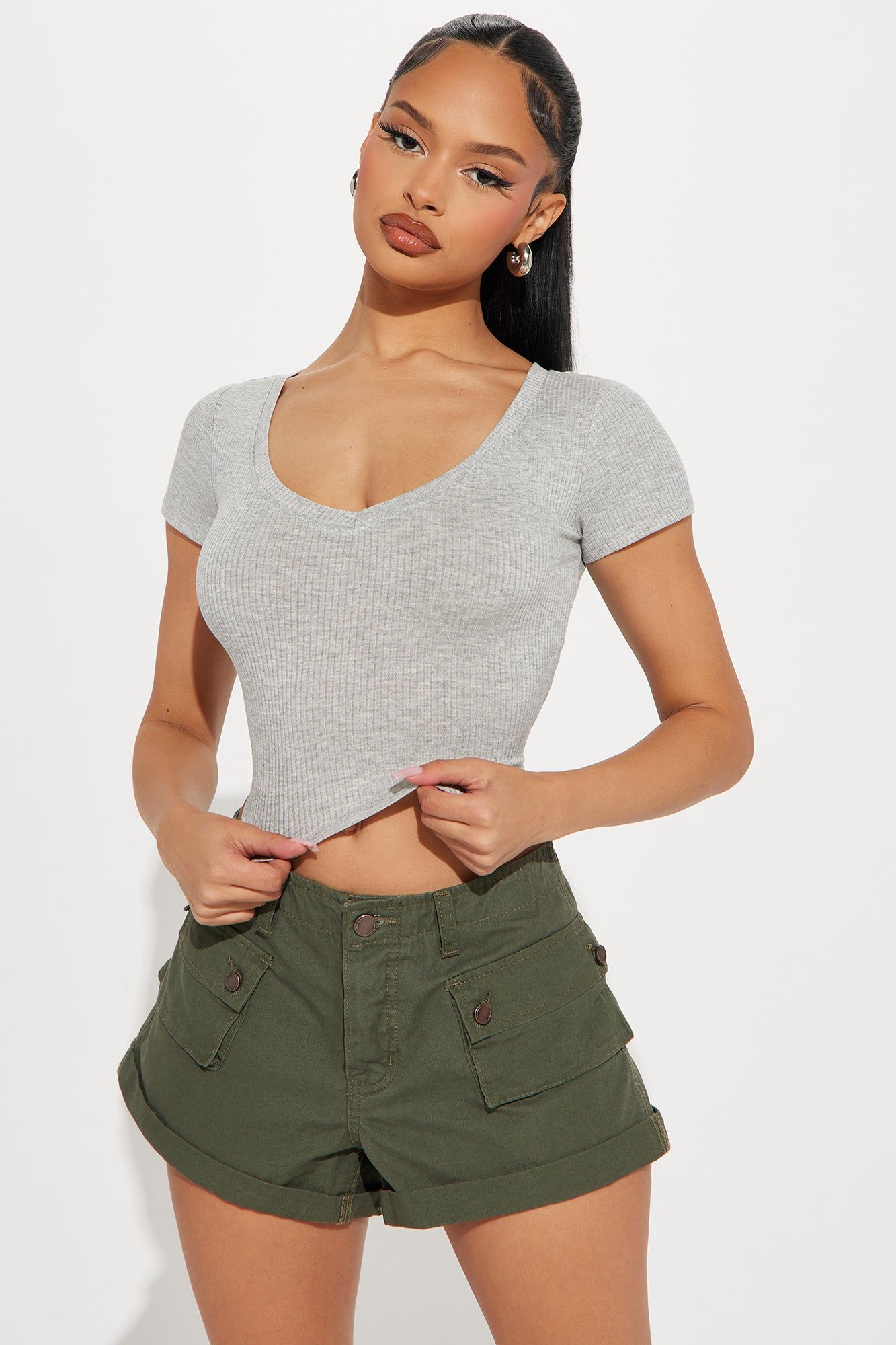 Valerie V-Neck Ribbed Tee - Heather Grey sold by Fashion Nova