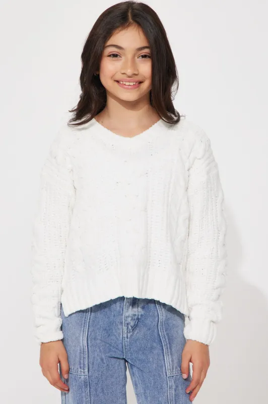 Mini Chenille V Neck Cable Stitch Sweater - White sold by Fashion Nova