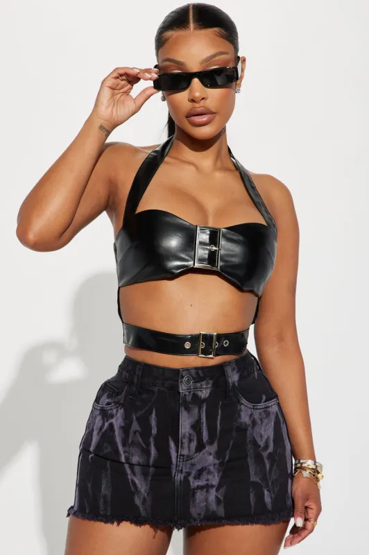 Kiandra Faux Leather Halter Top - Black sold by Fashion Nova