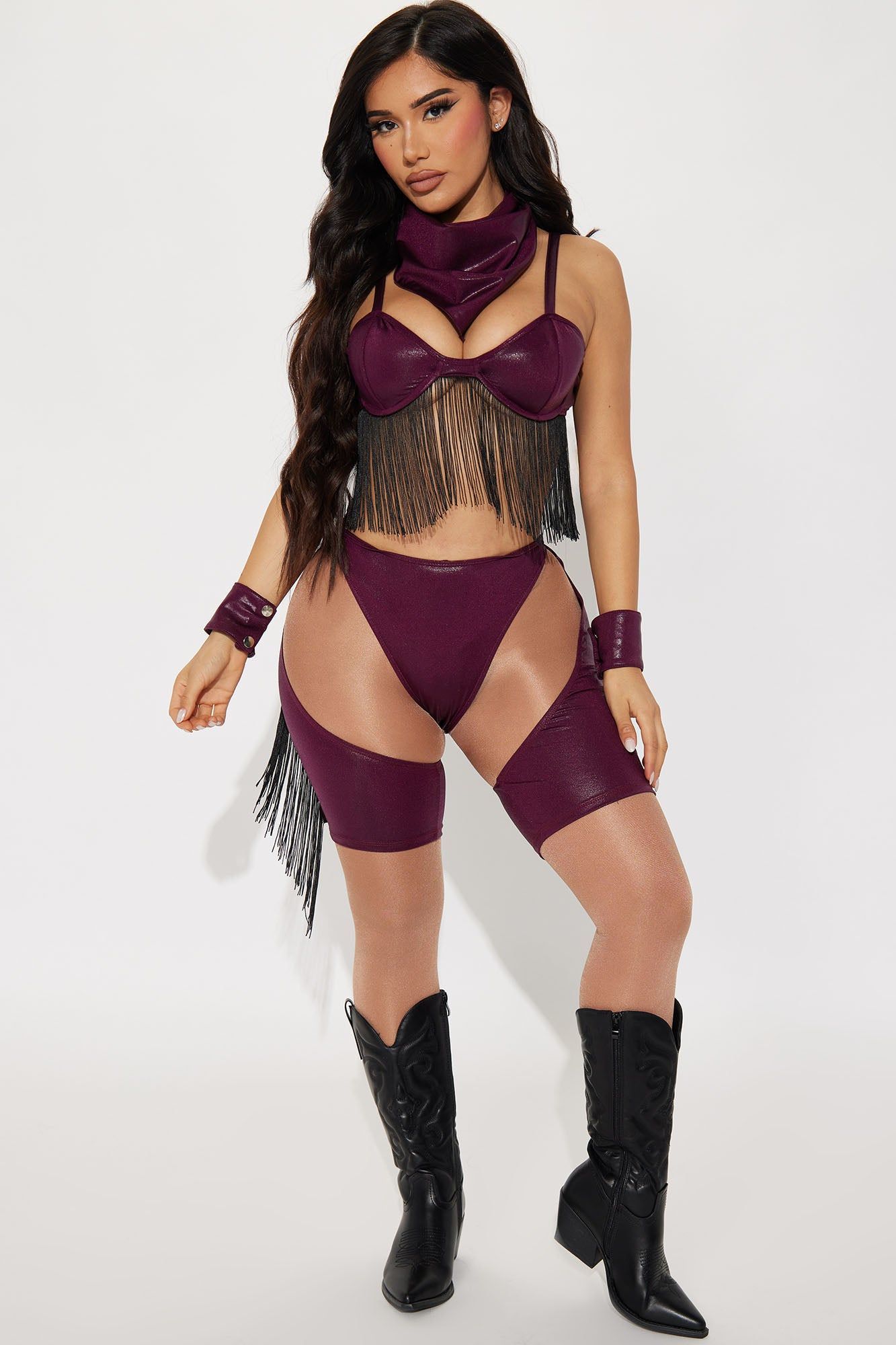 Ready To Ride Cowgirl 4 Piece Costume Set - Burgundy sold by Fashion Nova