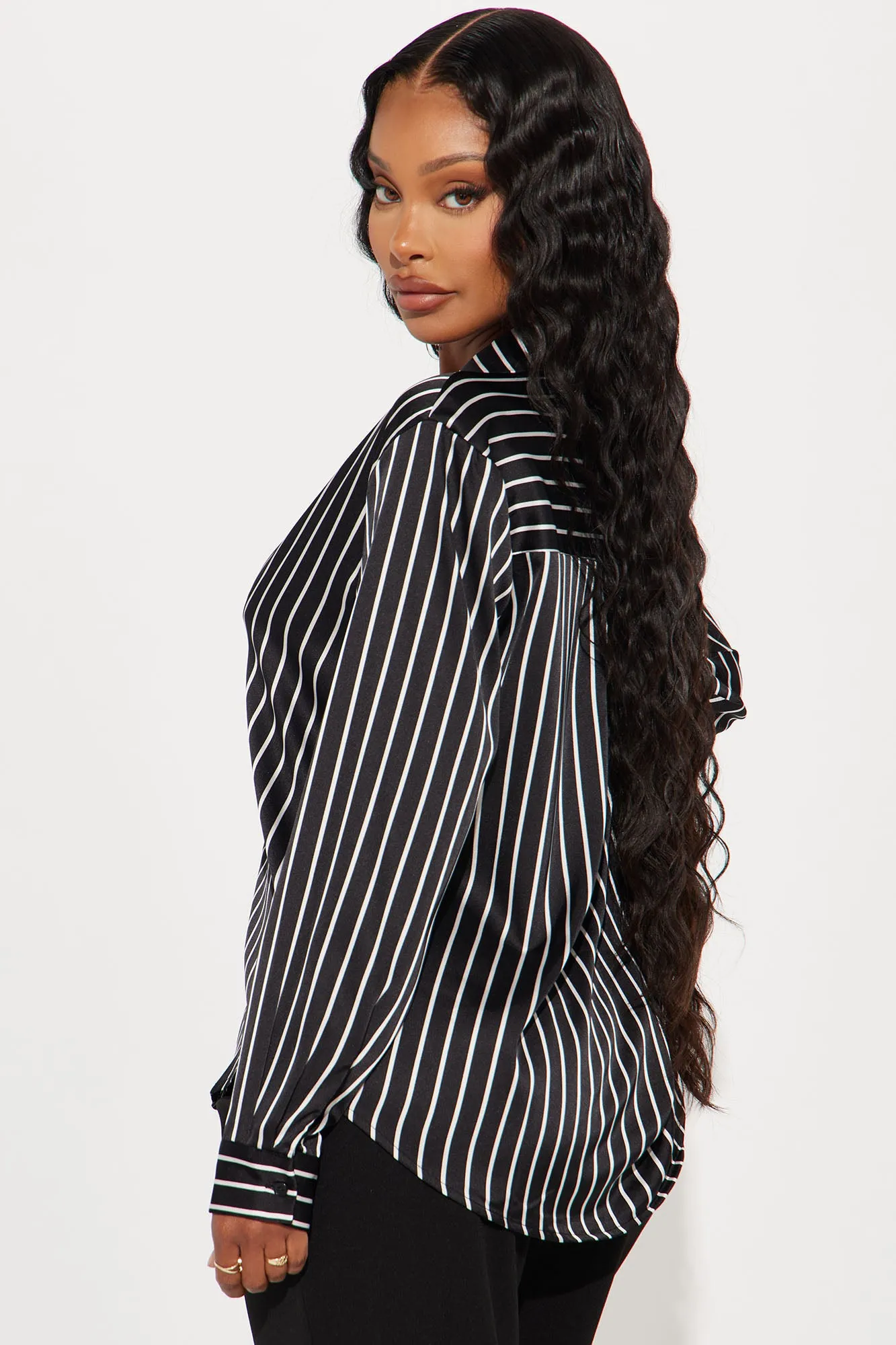 Fast Lane Striped Satin Shirt - Black/White sold by Fashion Nova product image thumbnail 3