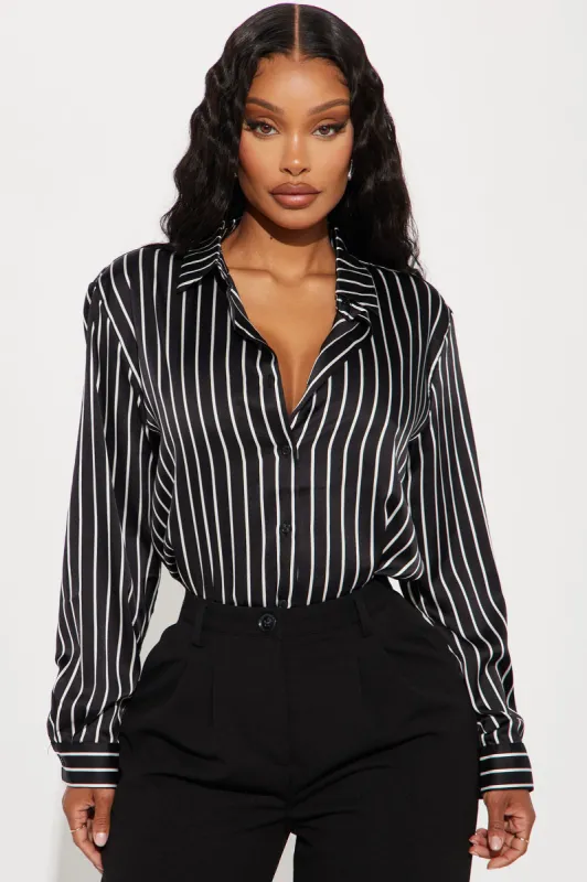 Fast Lane Striped Satin Shirt - Black/White sold by Fashion Nova