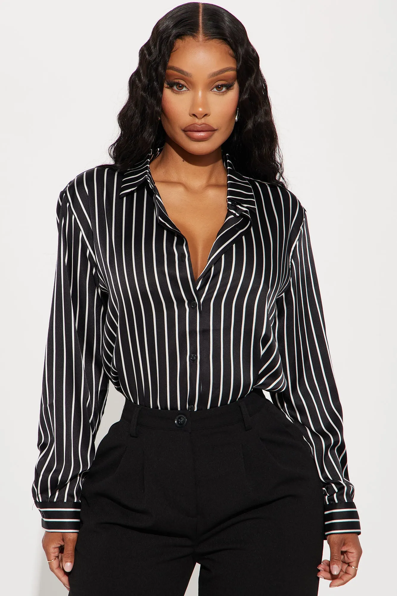Fast Lane Striped Satin Shirt - Black/White sold by Fashion Nova