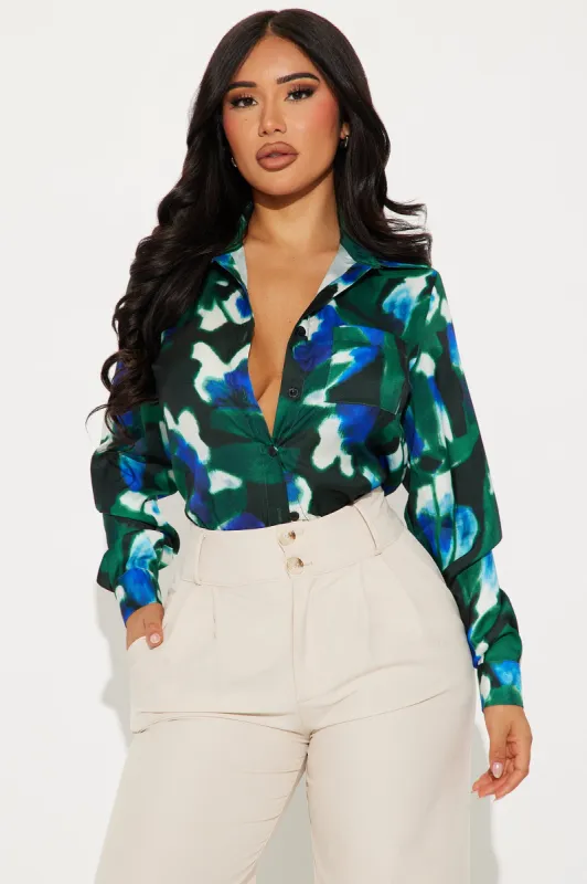 Lost Interest Satin Shirt - Green/combo sold by Fashion Nova