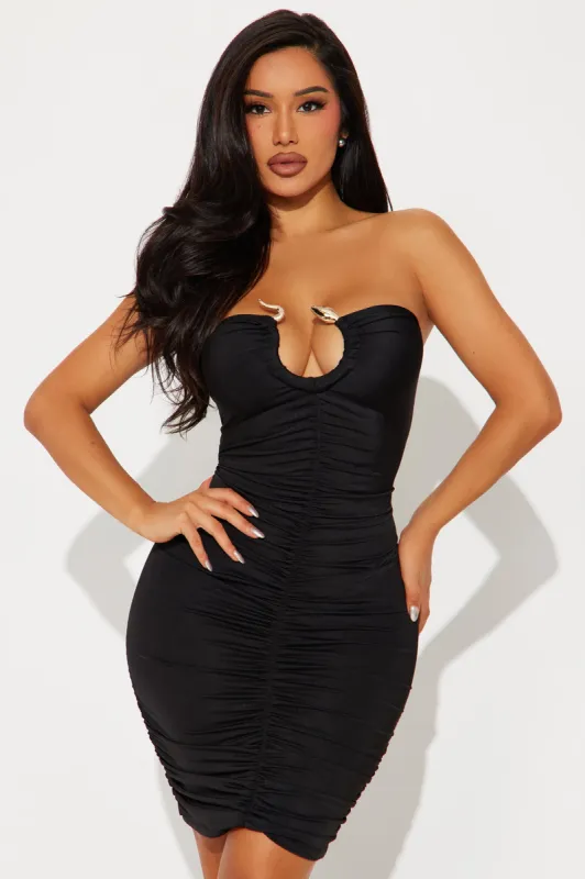Medusa Ruched Micro Mini Dress - Black sold by Fashion Nova