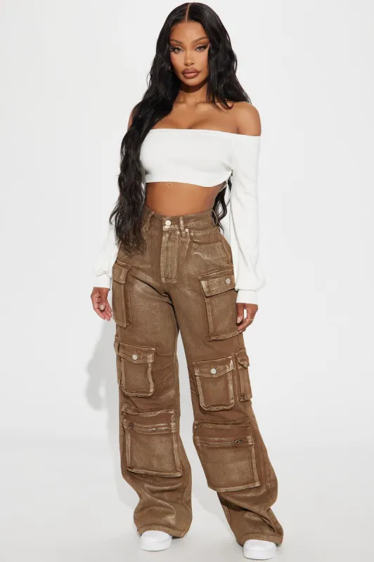 Time To Shine Foil Baggy Cargo Jeans - Gold/Brown sold by Fashion Nova