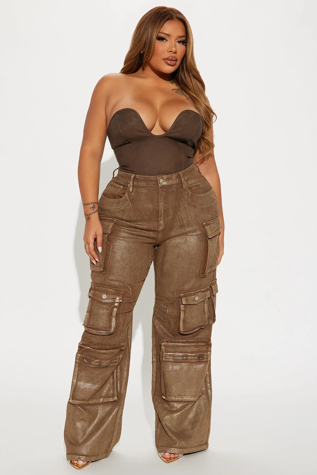 Time To Shine Foil Baggy Cargo Jeans - Gold/Brown sold by Fashion Nova product image thumbnail 4