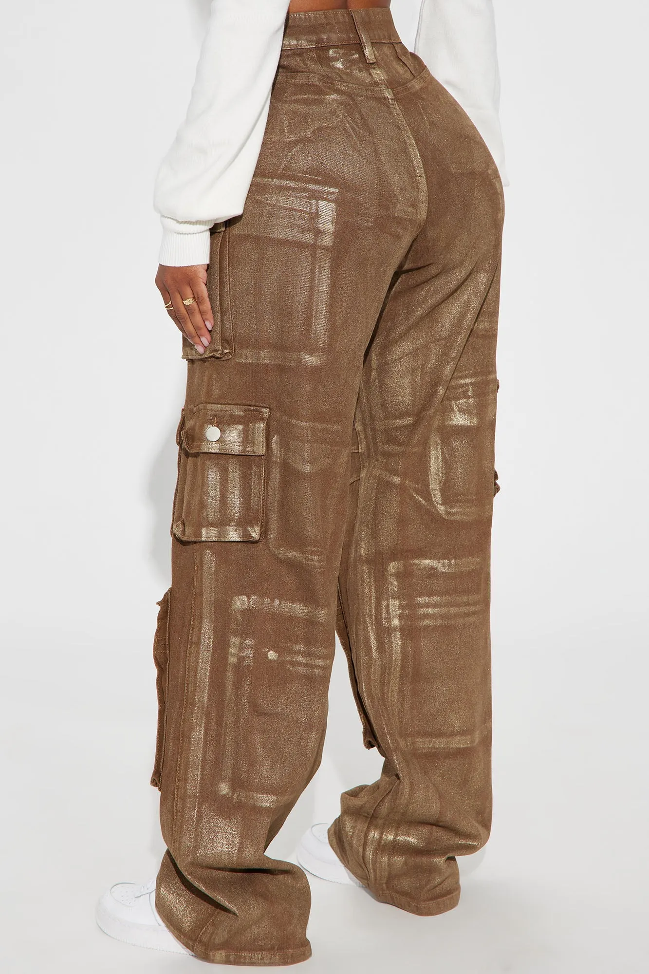 Time To Shine Foil Baggy Cargo Jeans - Gold/Brown sold by Fashion Nova product image thumbnail 3