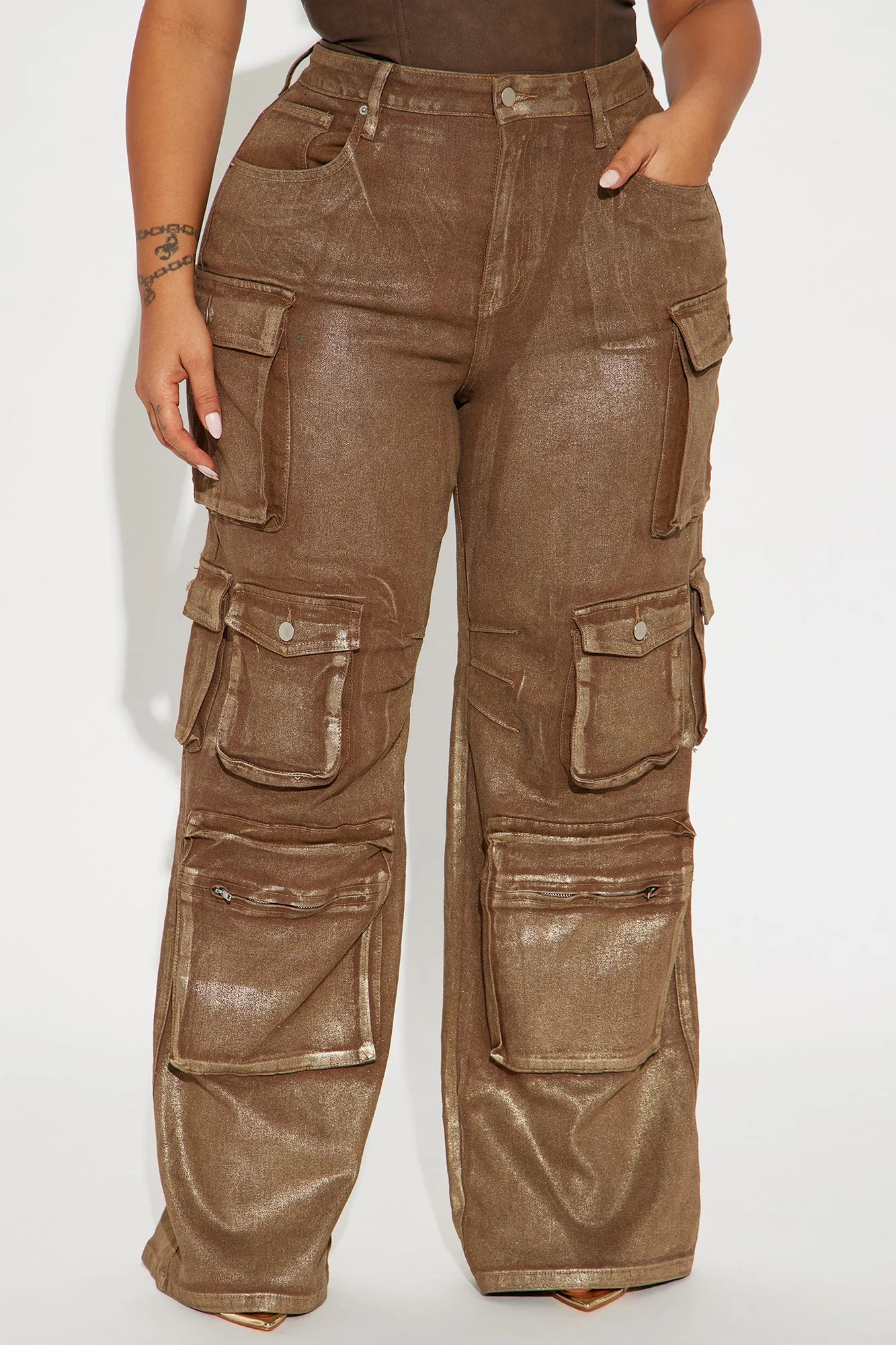 Time To Shine Foil Baggy Cargo Jeans - Gold/Brown sold by Fashion Nova product image thumbnail 5