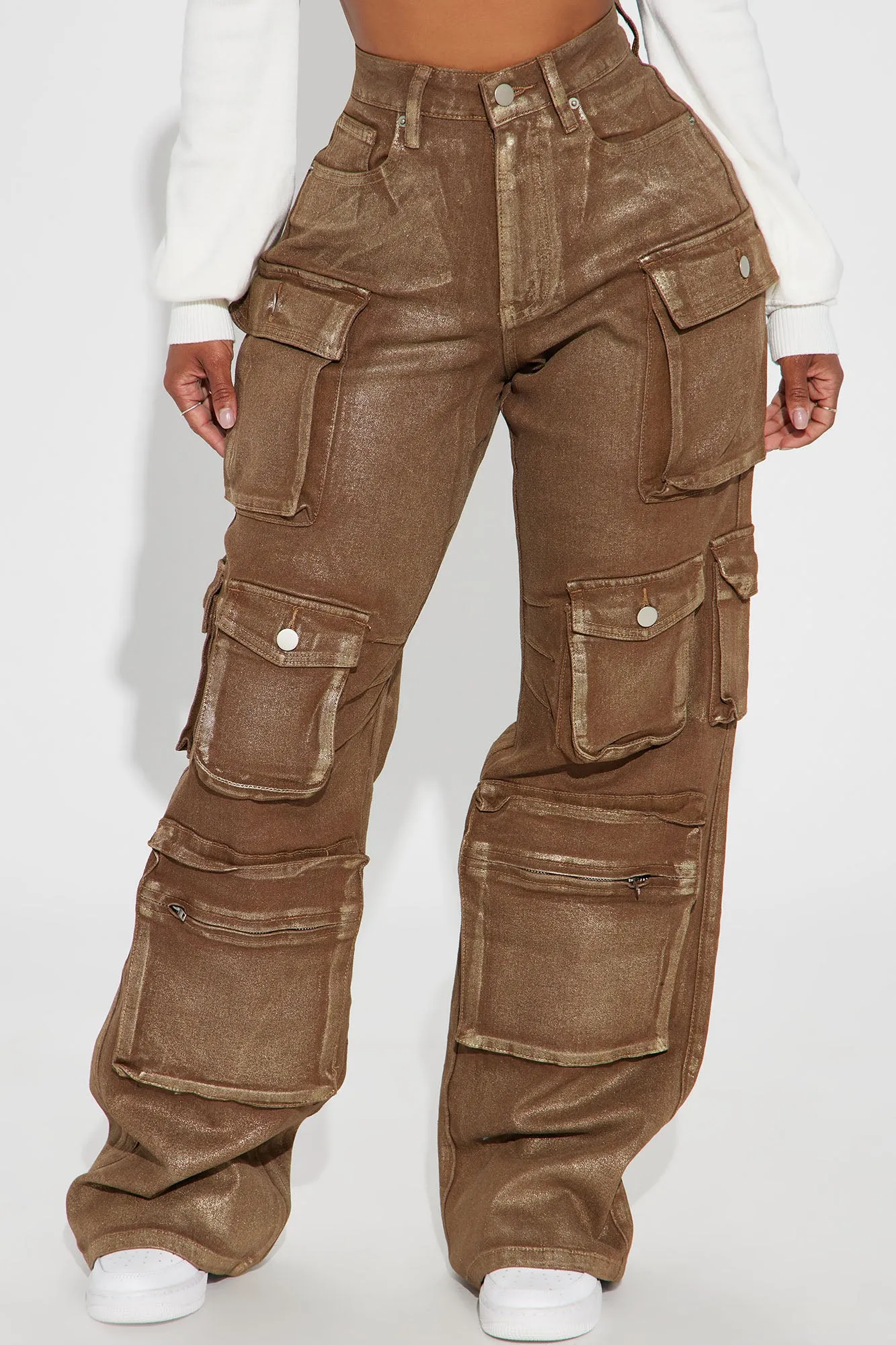 Time To Shine Foil Baggy Cargo Jeans - Gold/Brown sold by Fashion Nova product image thumbnail 2