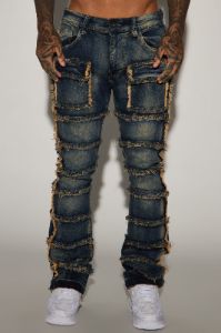 Square Pockets Fray Stacked Skinny Flare Jeans - Dark Wash sold by Fashion Nova