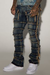 Square Pockets Fray Stacked Skinny Flare Jeans - Dark Wash sold by Fashion Nova