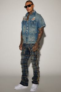 Square Pockets Fray Stacked Skinny Flare Jeans - Dark Wash sold by Fashion Nova