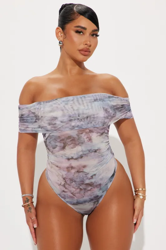 Miley Mesh Off Shoulder Bodysuit - Purple/combo sold by Fashion Nova