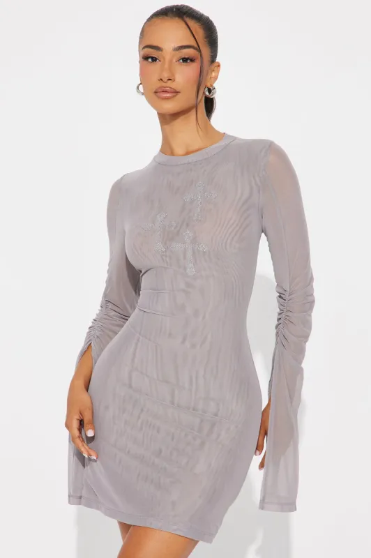 Blessed Double Lined Mesh Mini Dress - Grey sold by Fashion Nova