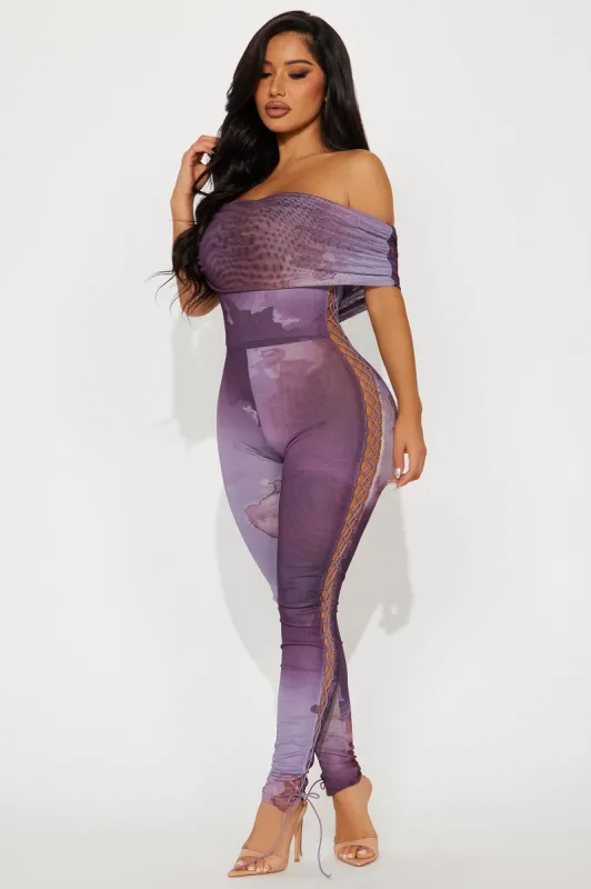 Inner Glow Mesh Jumpsuit - Purple/combo sold by Fashion Nova