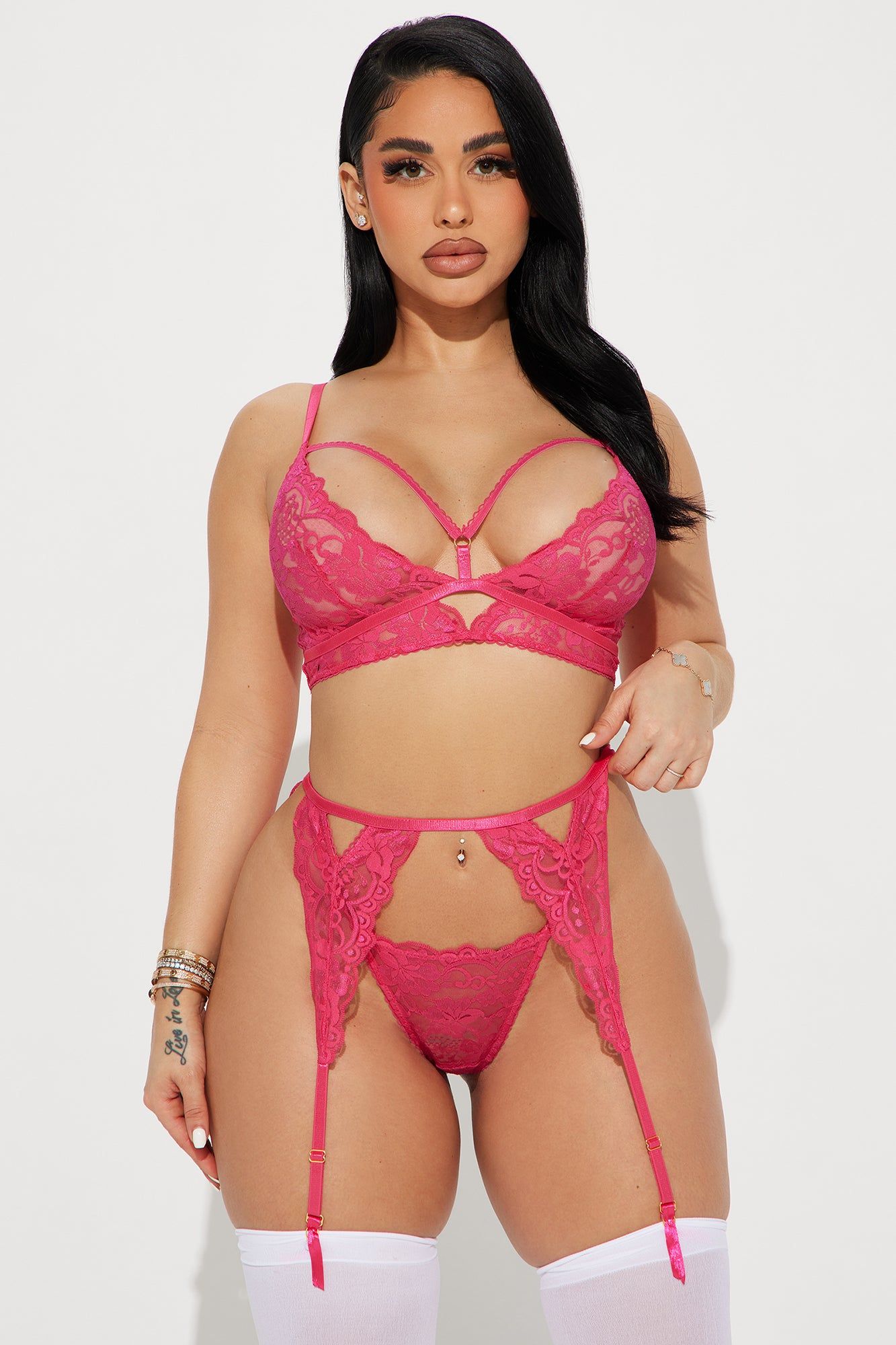 Just A Fling Lace 3 Piece Garter Set - Hot Pink sold by Fashion Nova