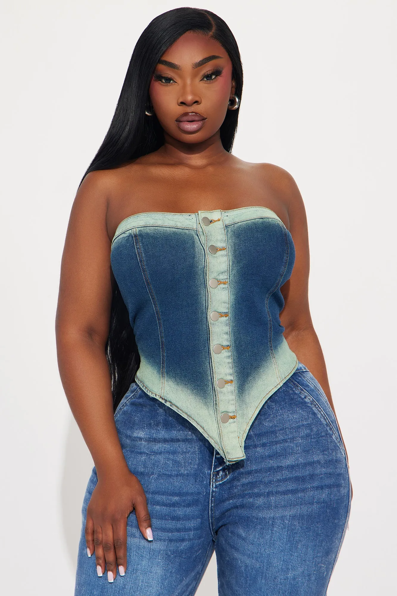 Ride Along Washed Denim Top - Blue/combo sold by Fashion Nova