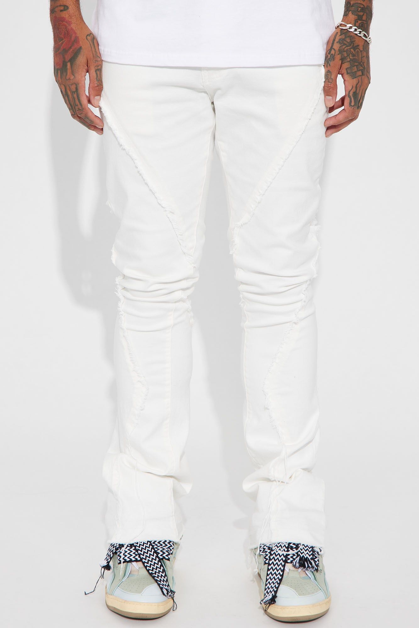 Want To Fray Stacked Skinny Flare Jeans - White sold by Fashion Nova