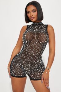 Dazzling Diamond Sleeveless Romper - Black sold by Fashion Nova