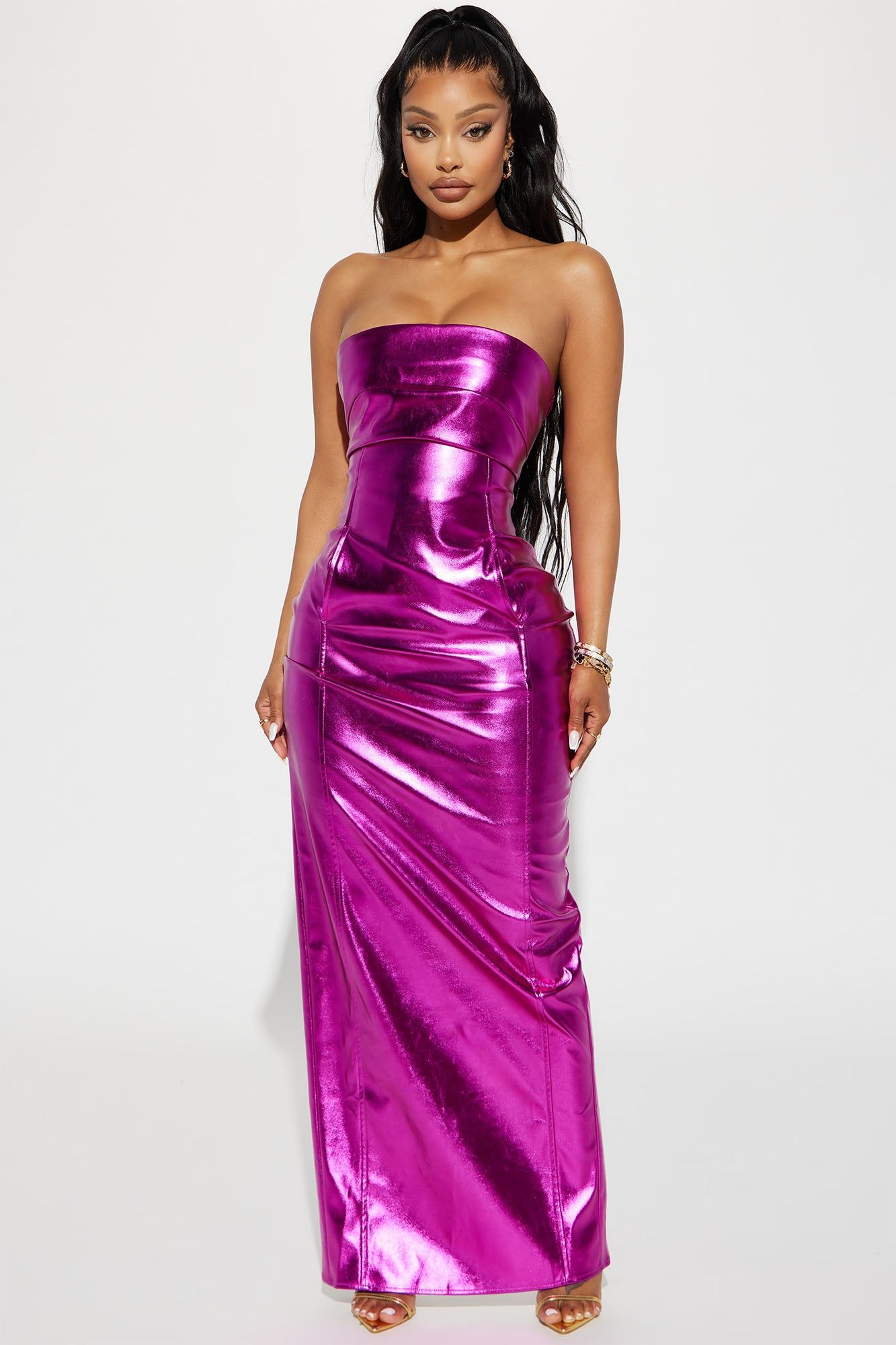 Mercury Metallic Maxi Dress - Fuchsia sold by Fashion Nova