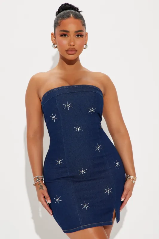 Star Spangled Denim Mini Dress - Dark Denim sold by Fashion Nova