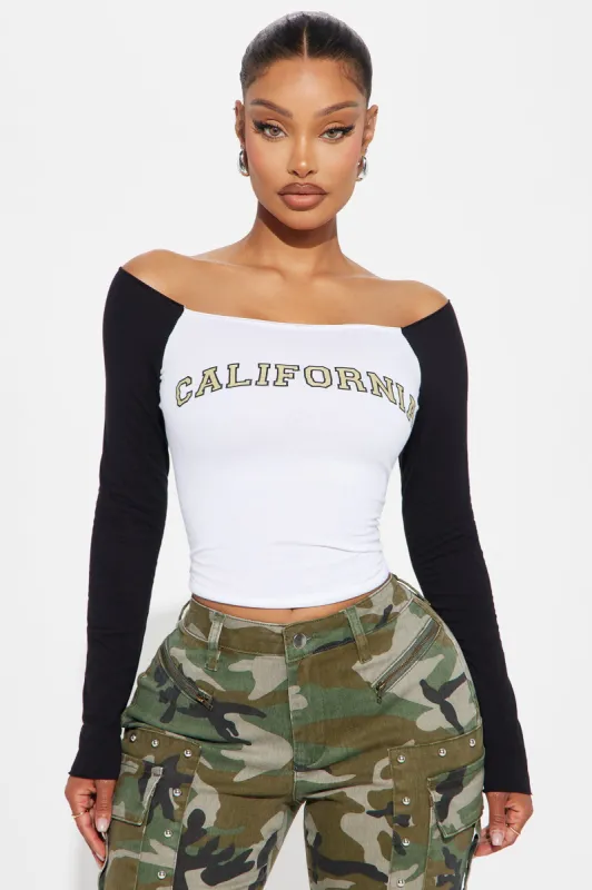 Cali Girl Off Shoulder Top - White/combo sold by Fashion Nova