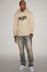 We Out Distressed Stacked Skinny Flare Jeans - Vintage Blue Wash sold by Fashion Nova