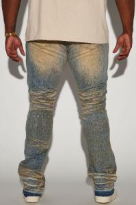 We Out Distressed Stacked Skinny Flare Jeans - Vintage Blue Wash sold by Fashion Nova