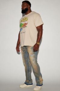 We Out Distressed Stacked Skinny Flare Jeans - Vintage Blue Wash sold by Fashion Nova