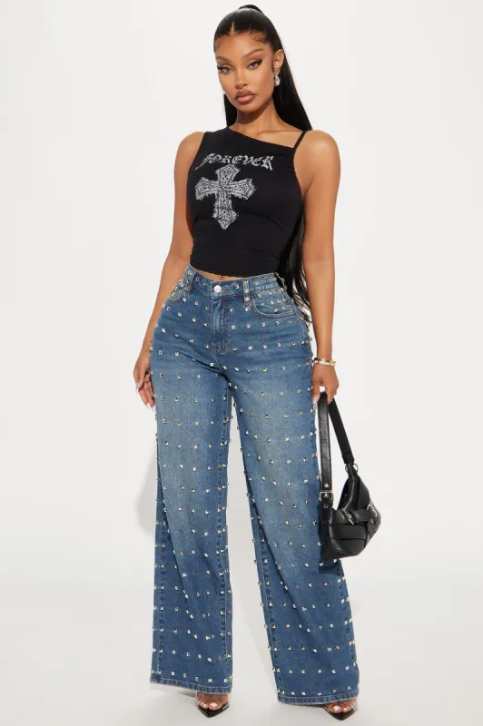 Think I'm In Love Studded Baggy Jeans - Dark Wash sold by Fashion Nova