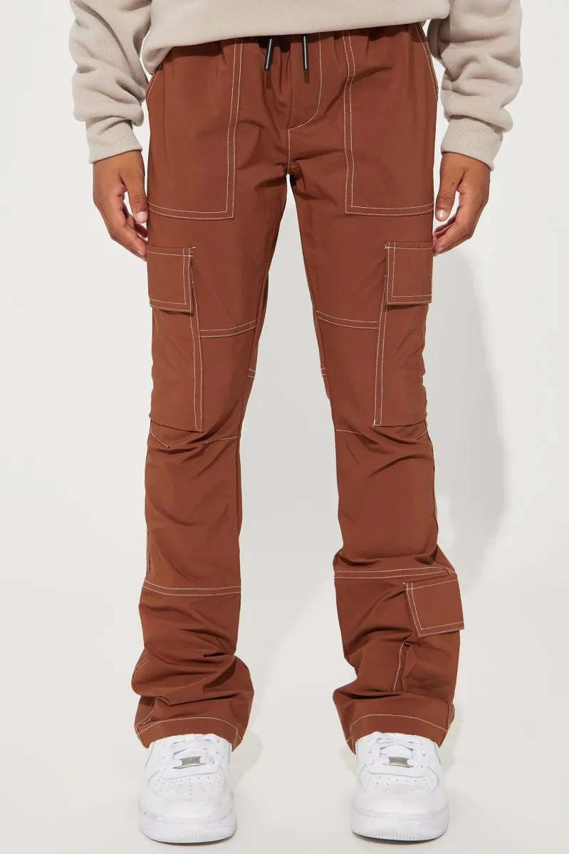 Mini Contrast Stitched Nylon Cargo Flared Pants - Brown sold by Fashion Nova