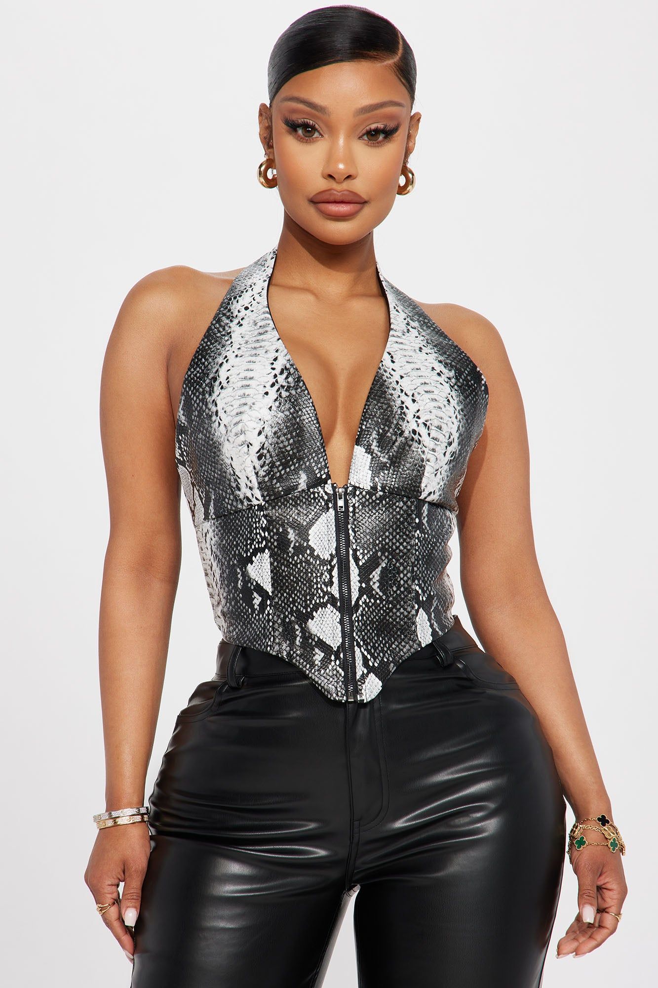 Slither In Faux Leather Corset Top - Black/combo sold by Fashion Nova