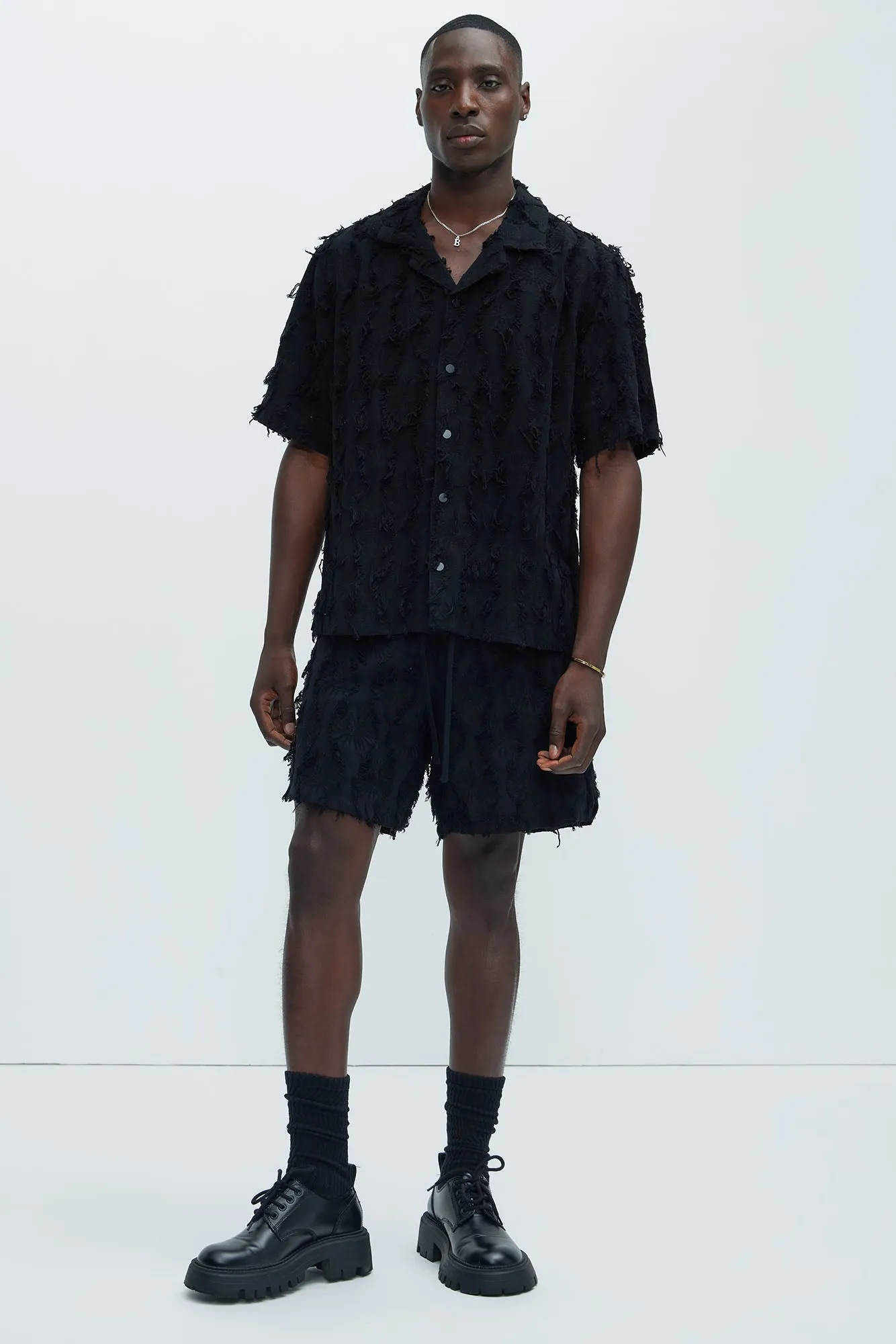 Frayed Jacquard Linen Shirt - Black | Parallel