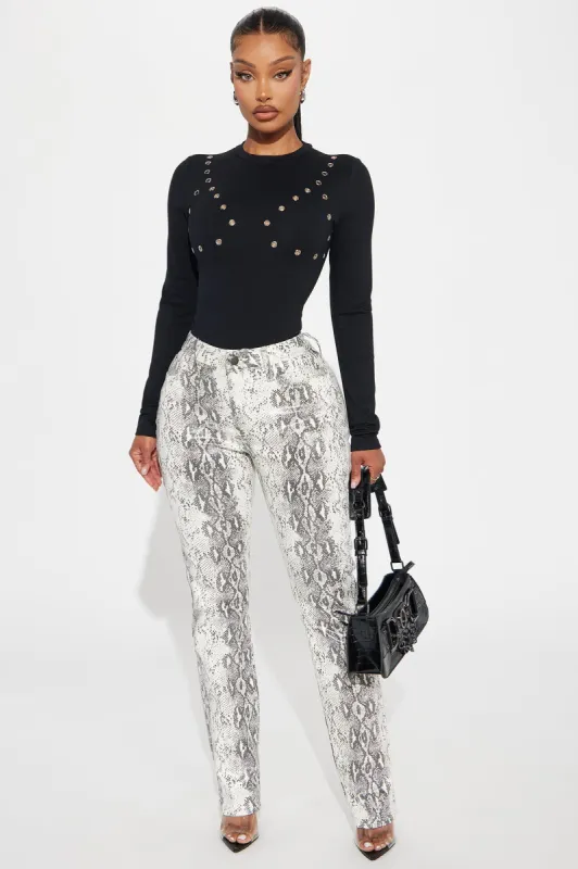 Iliana Faux Leather Slim Straight Pant - Cream/combo sold by Fashion Nova