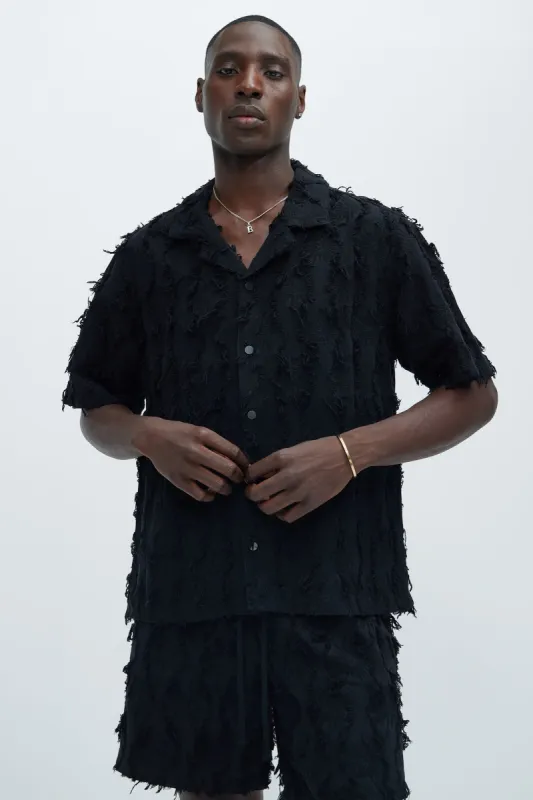 Frayed Jacquard Linen Shirt - Black sold by Fashion Nova